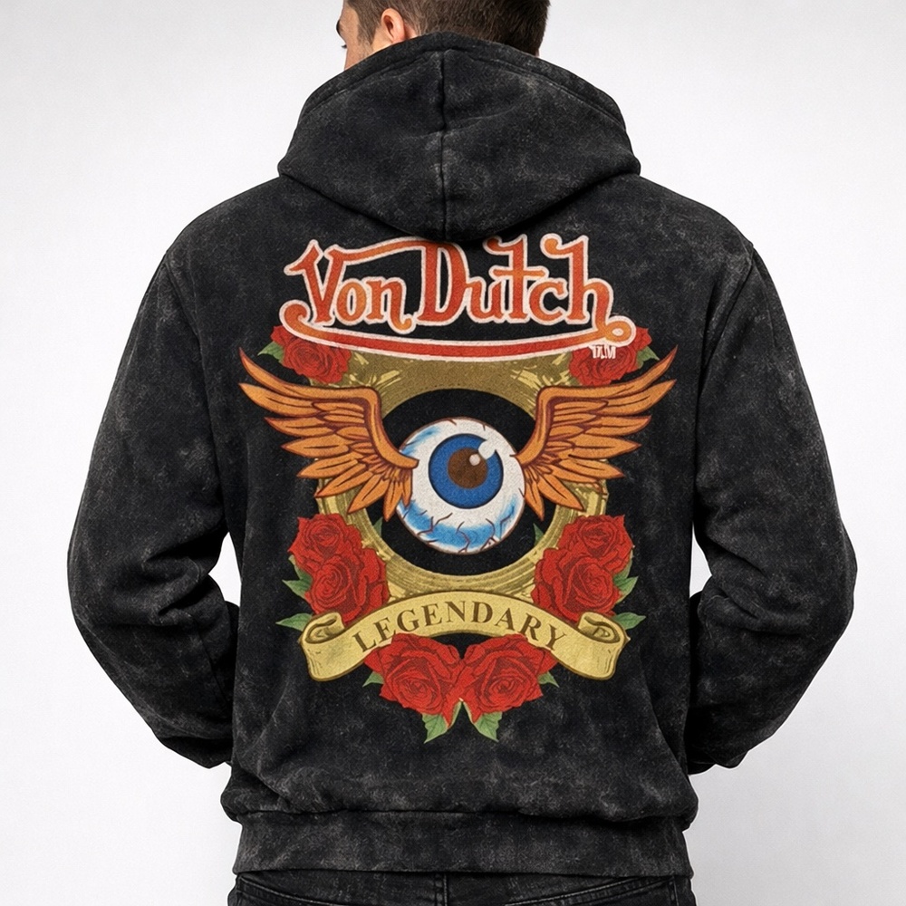 NWT Von Dutch Flying Eye Graphic Zip Hoodie Acid Wash Black Y2K Streetwear